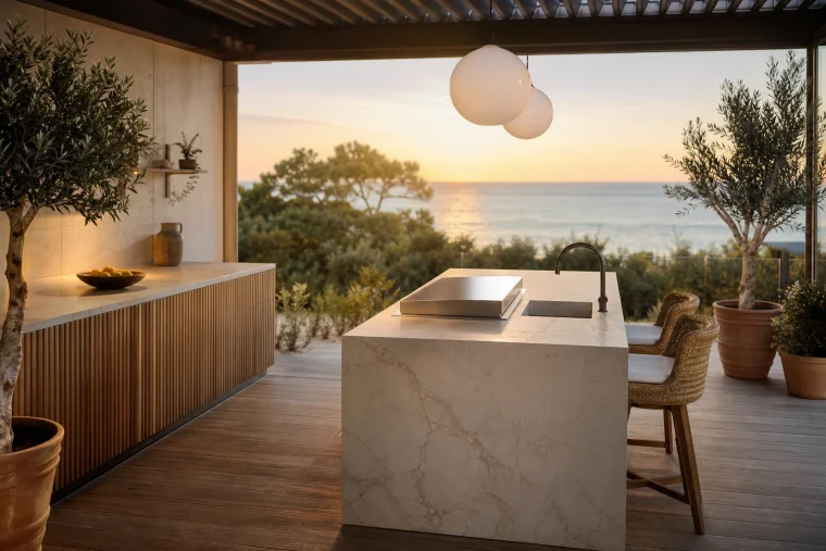 Cuisine extérieure avec plan de travail en céramique grand format sable veiné et îlot central avec plancha sur terrasse bois