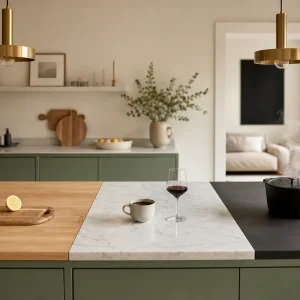 Plan de travail de cuisine combinant bois chêne huilé, marbre blanc veiné et céramique anthracite côte à côte sur un îlot français contemporain