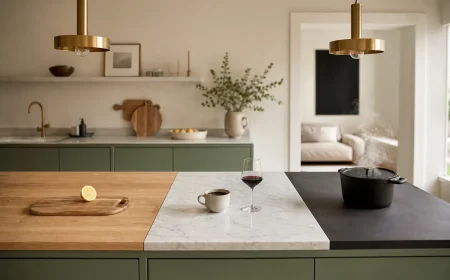 Plan de travail de cuisine combinant bois chêne huilé, marbre blanc veiné et céramique anthracite côte à côte sur un îlot français contemporain