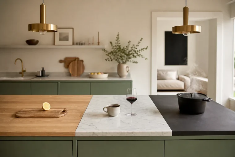 Plan de travail de cuisine combinant bois chêne huilé, marbre blanc veiné et céramique anthracite côte à côte sur un îlot français contemporain