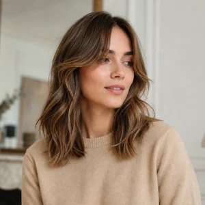 Femme arborant une Soft Wolf Cut châtain miel avec frange rideau et dégradés fondus