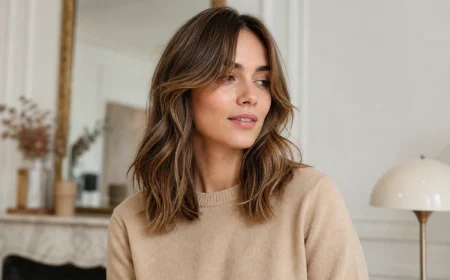 Femme arborant une Soft Wolf Cut châtain miel avec frange rideau et dégradés fondus