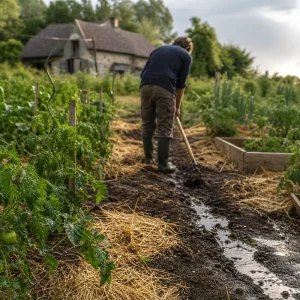 Jardinier traçant un sillon de drainage dans un potager détrempé après une pluie de juin