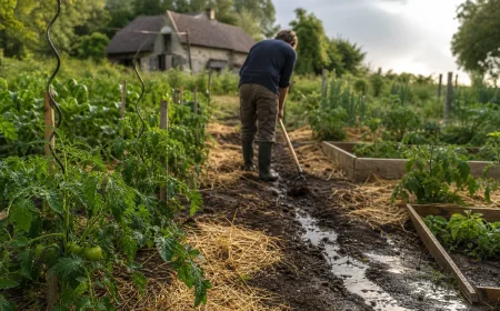 Jardinier traçant un sillon de drainage dans un potager détrempé après une pluie de juin