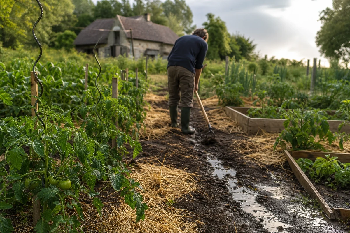 Jardinier traçant un sillon de drainage dans un potager détrempé après une pluie de juin