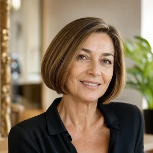 Femme de 55 ans avec un carré japonais lisse et brillant aux longueurs au menton, regard lumineux