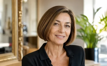 Femme de 55 ans avec un carré japonais lisse et brillant aux longueurs au menton, regard lumineux