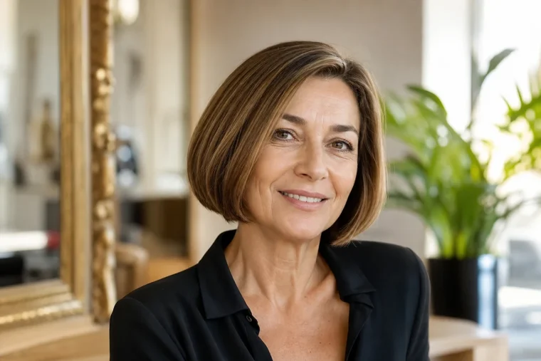 Femme de 55 ans avec un carré japonais lisse et brillant aux longueurs au menton, regard lumineux