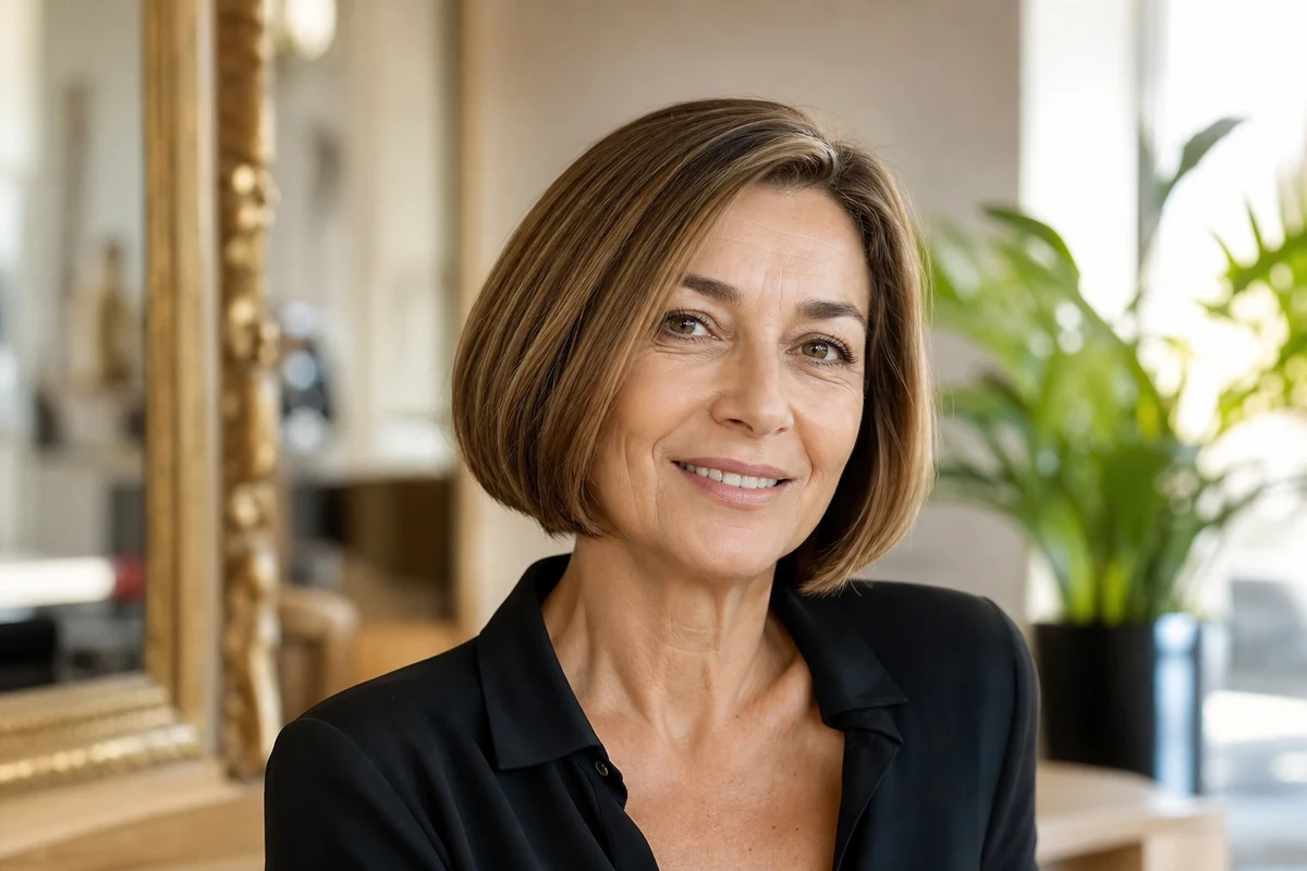 Femme de 55 ans avec un carré japonais lisse et brillant aux longueurs au menton, regard lumineux