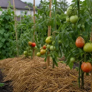 Potager français début juin après la pluie avec tomates tuteurées et paillage de paille au pied