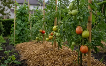 Potager français début juin après la pluie avec tomates tuteurées et paillage de paille au pied