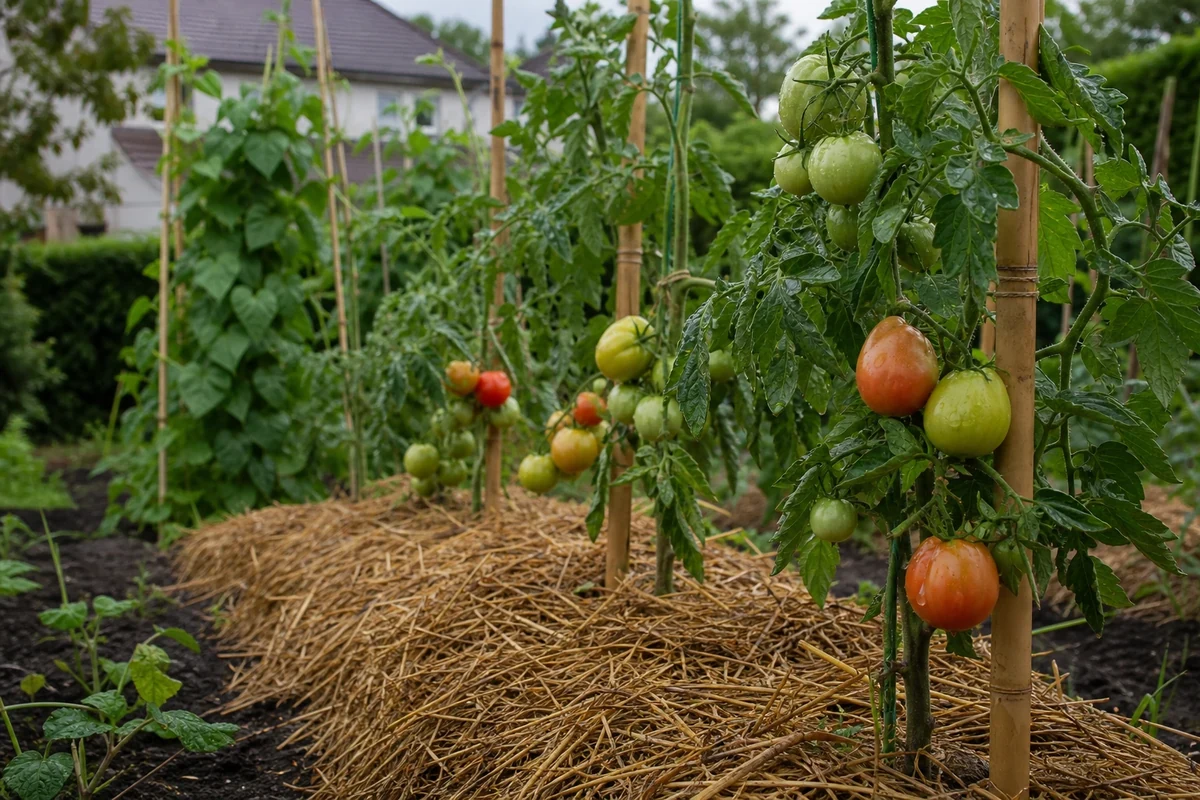 Potager français début juin après la pluie avec tomates tuteurées et paillage de paille au pied