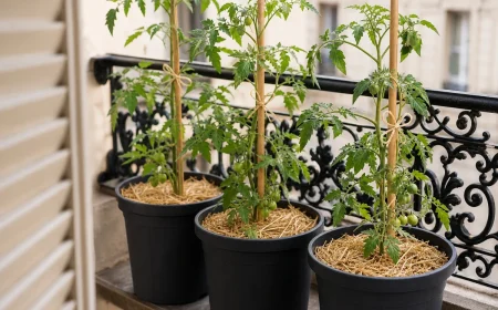 Trois plants de tomate en pot sur un balcon parisien en juin, tuteurés au bambou et paillés