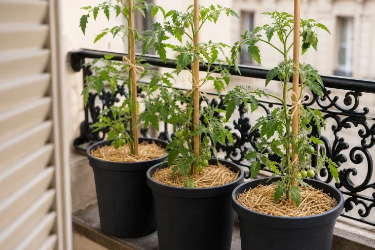 Trois plants de tomate en pot sur un balcon parisien en juin, tuteurés au bambou et paillés