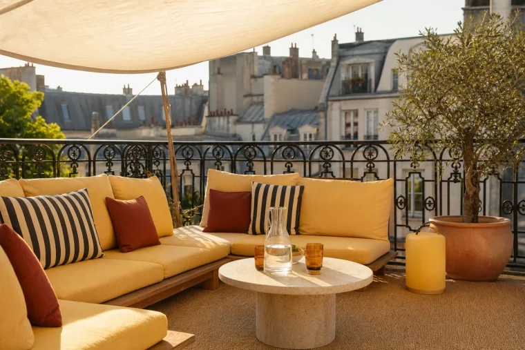 Terrasse parisienne aménagée comme un salon d'hôtel avec canapé bas, coussins jaune beurre et lampe nomade au coucher du soleil