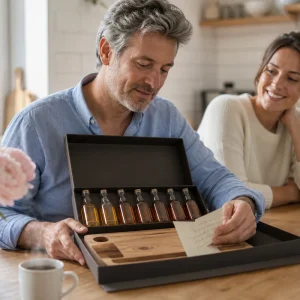 Père déballant un coffret cadeau de fête des pères avec sa fille adulte dans une cuisine lumineuse