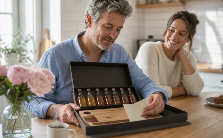 Père déballant un coffret cadeau de fête des pères avec sa fille adulte dans une cuisine lumineuse
