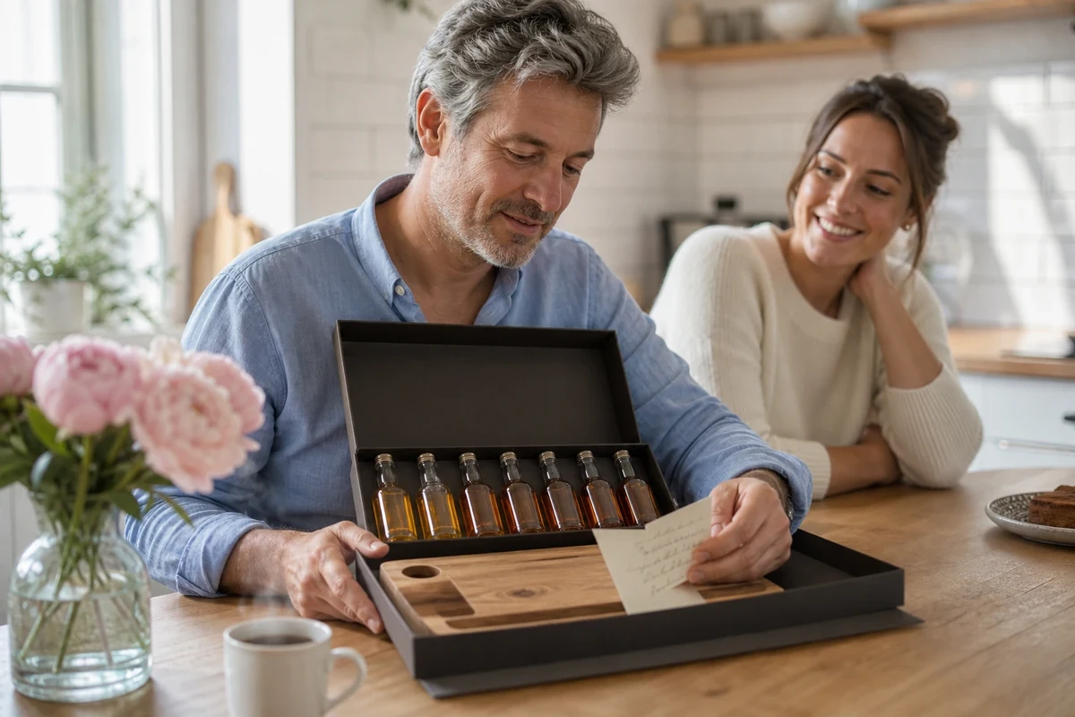 Père déballant un coffret cadeau de fête des pères avec sa fille adulte dans une cuisine lumineuse