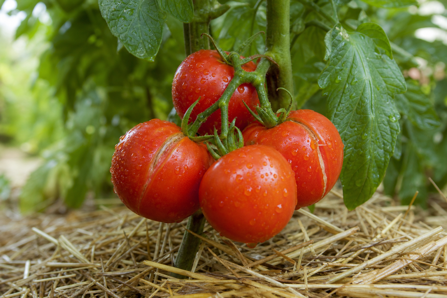 Tomates rouges fendues sur le pied après une averse d'été dans un potager paillé