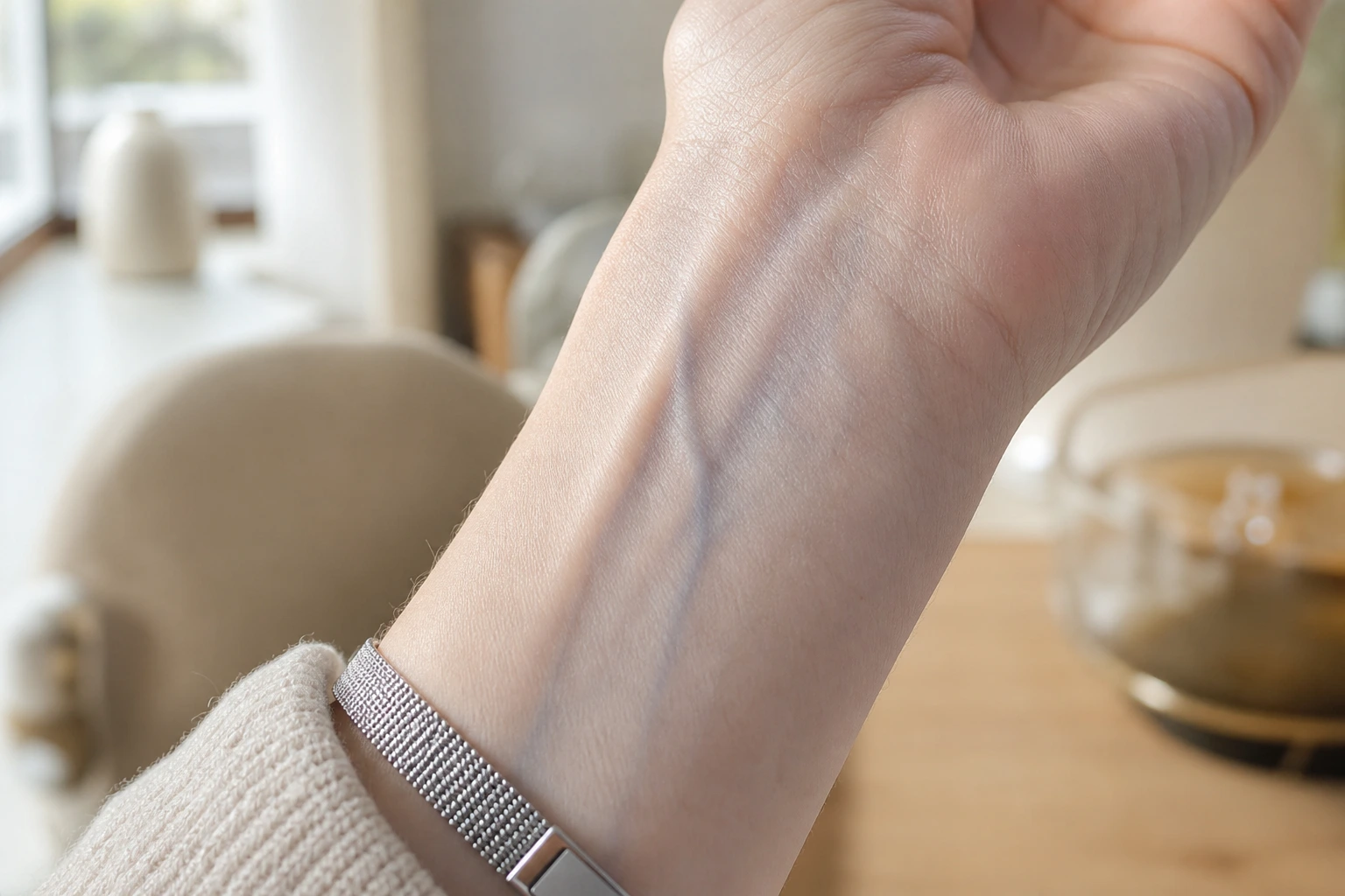 Test du sous-ton de peau : veines bleues à l'intérieur du poignet indiquant un sous-ton froid