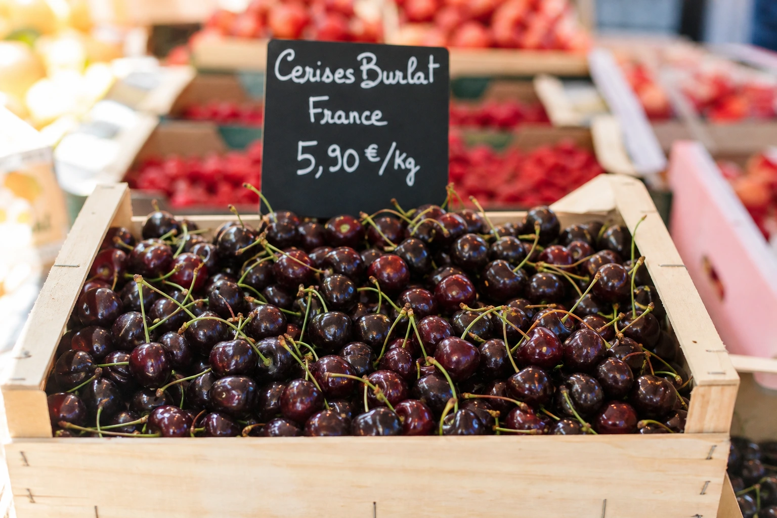 Cerises bigarreau fraîches en cagette sur un étal de marché en juin