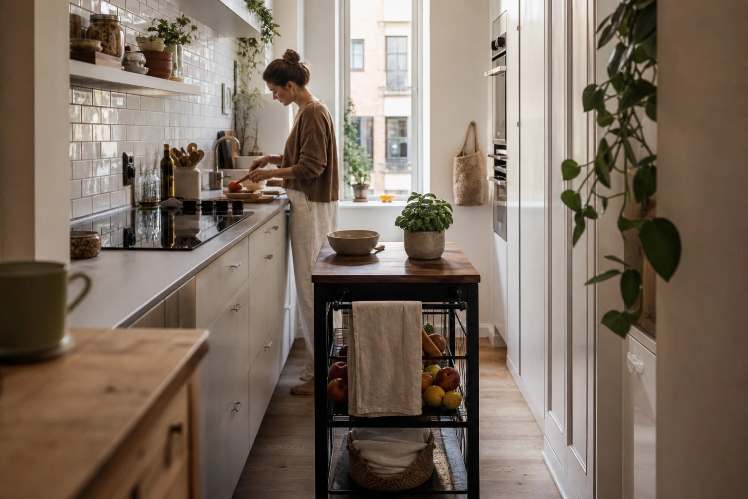 Îlot compact mobile sur roulettes dans une petite cuisine parisienne de moins de 10 m²