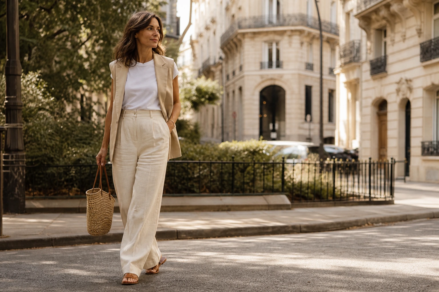 Silhouette estivale : pantalon large en lin écru, tee-shirt blanc et blazer sans manches dans une rue parisienne