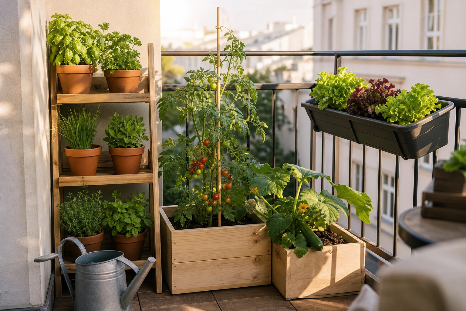 Balcon urbain de 4 m² aménagé en potager productif sur plusieurs niveaux