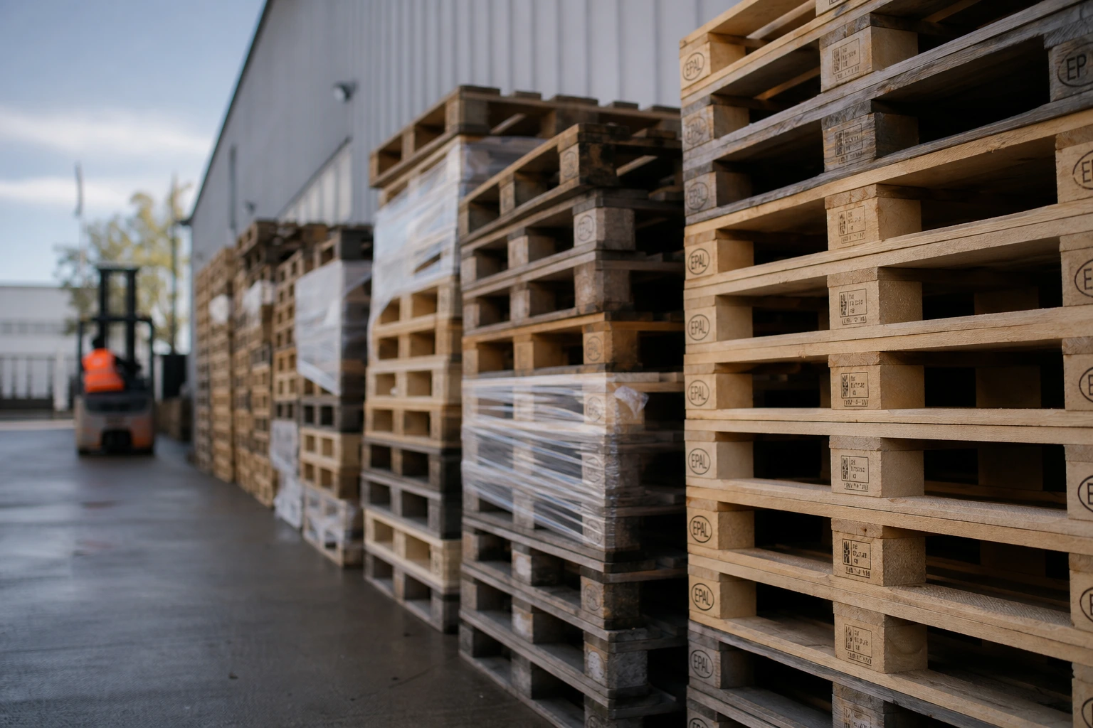 Stock de palettes Europe empilées à récupérer en zone d'activité française