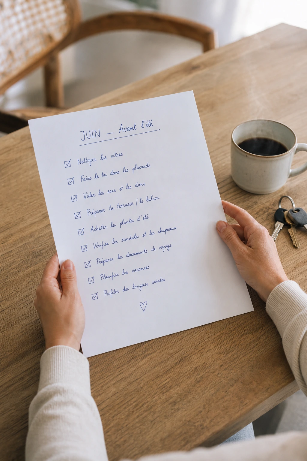 Check-list maison de juin imprimée et partiellement cochée sur une table en bois