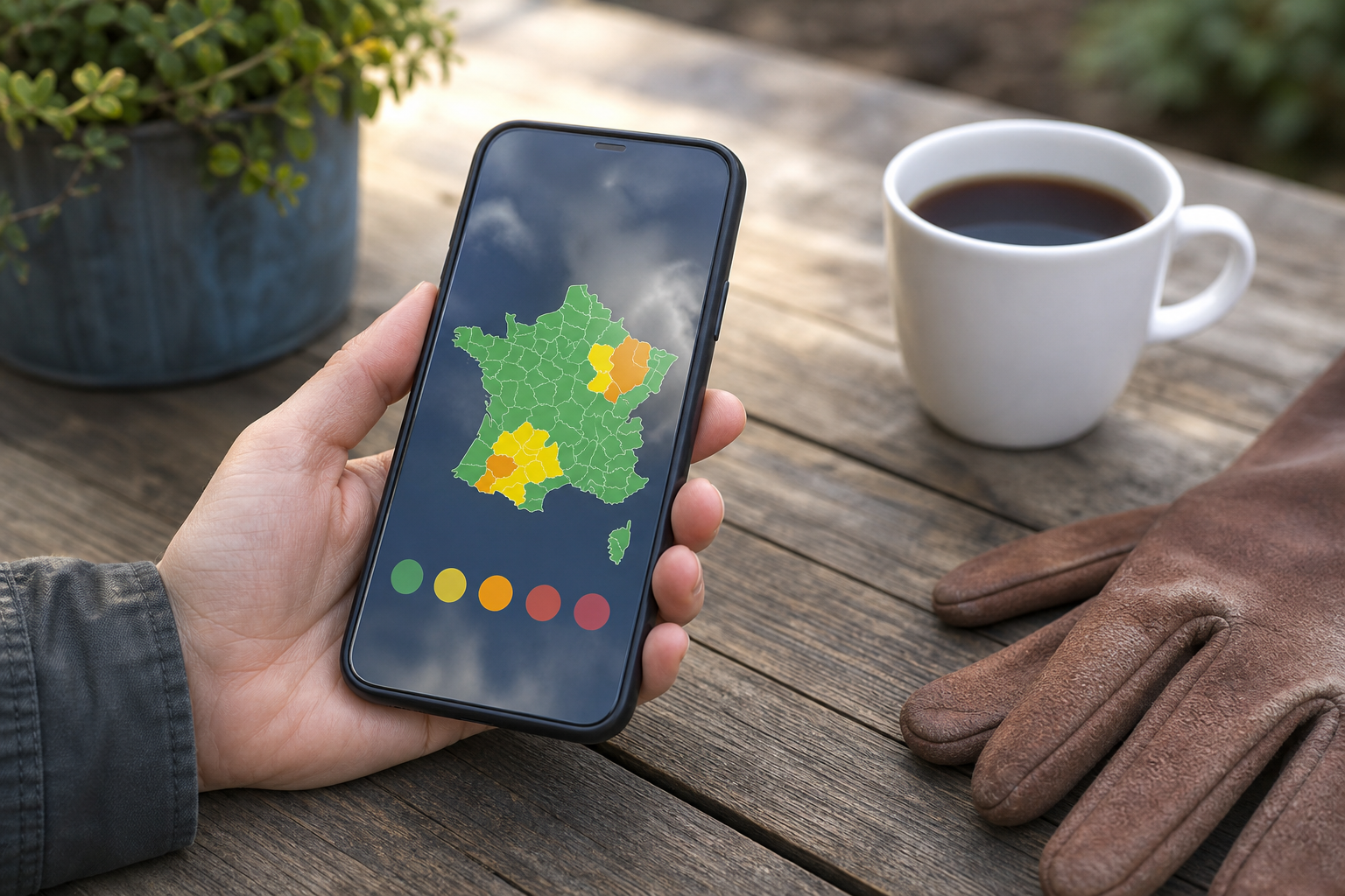 Smartphone affichant une carte de vigilance météo posé sur une table de jardin à côté de gants de jardinage