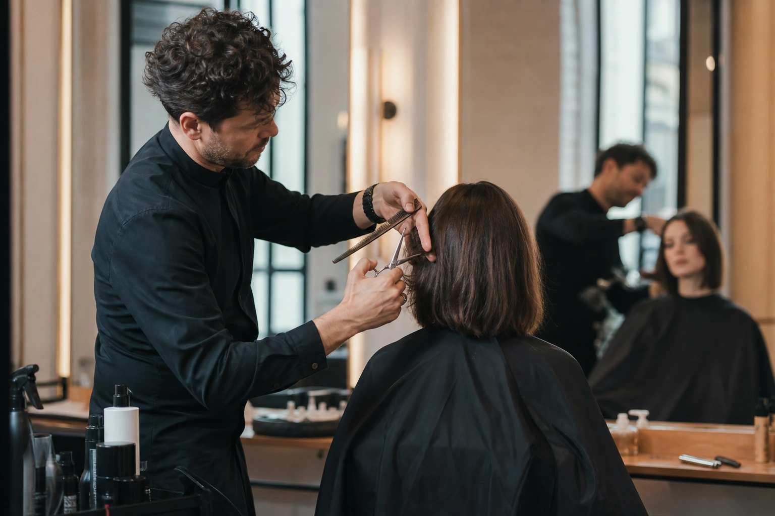Coiffeur coupant un carré à la mâchoire dans un salon parisien