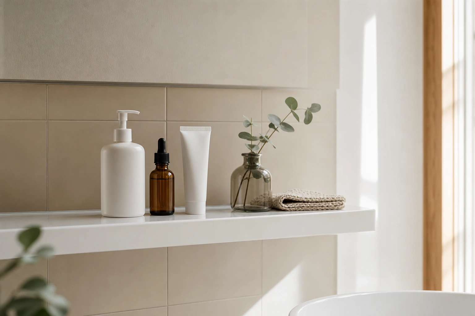 Étagère de salle de bains minimaliste avec uniquement trois produits de soin essentiels