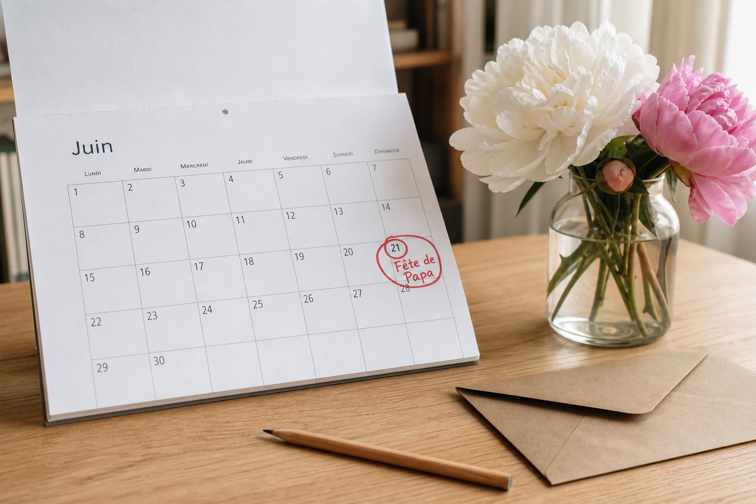 Calendrier de juin avec le dimanche 21 entouré en rouge et l'inscription Fête de Papa
