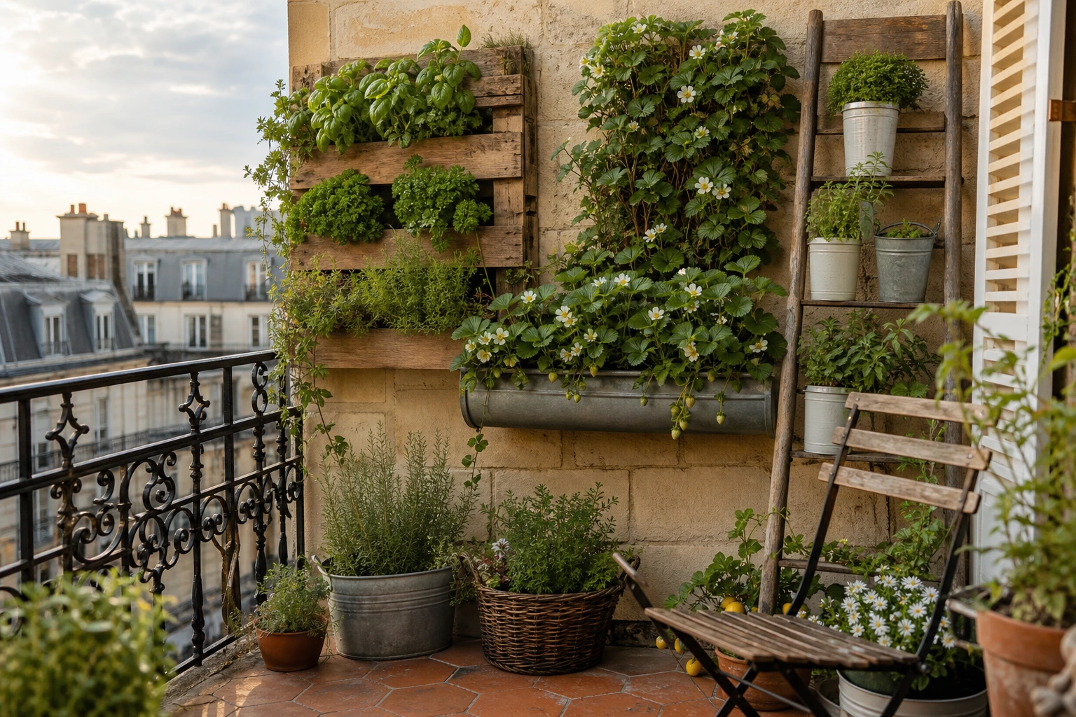 Balcon parisien d'été avec trois murs végétaux récup' : palette, gouttière, échelle