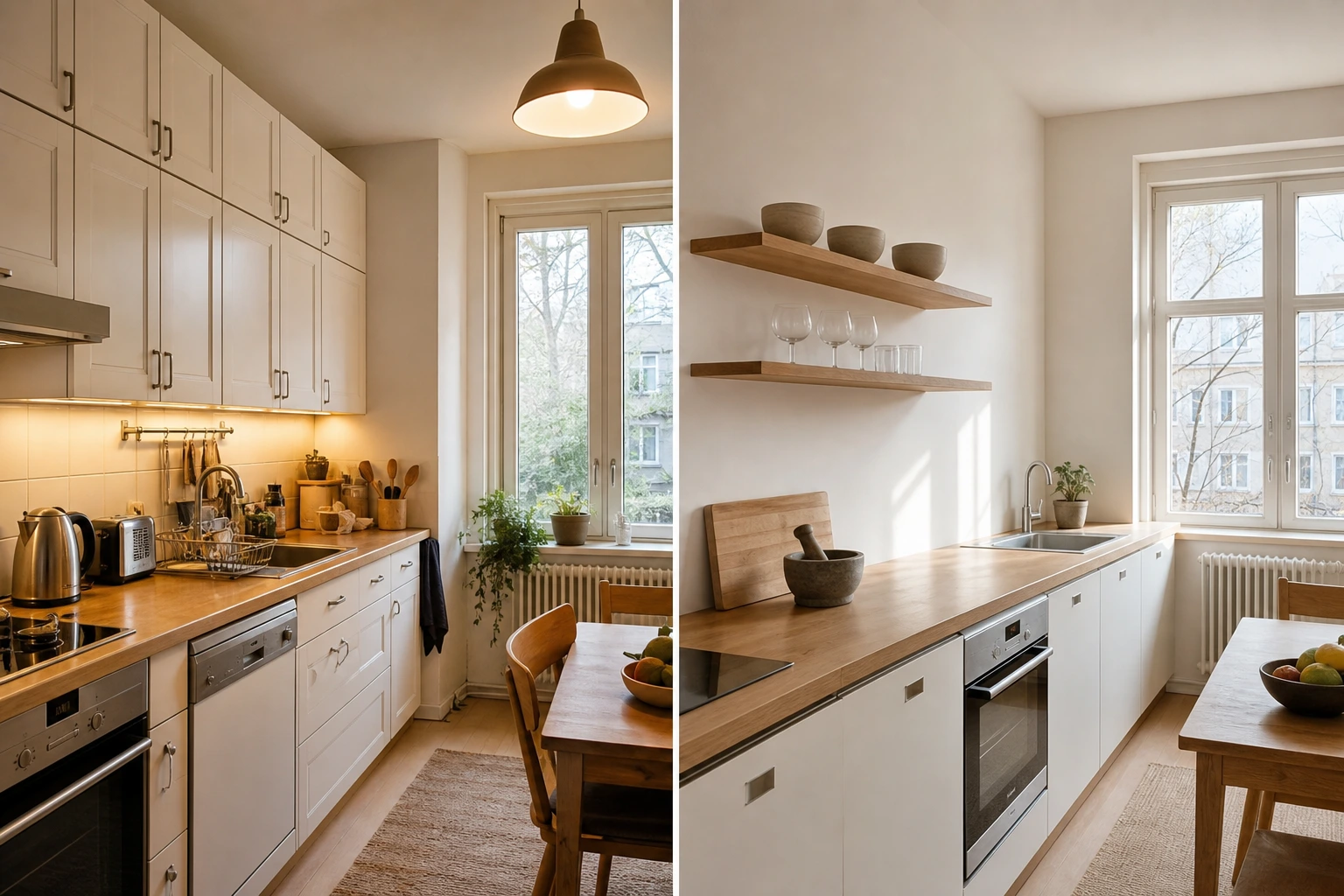 Comparaison avant-après d'une petite cuisine avec et sans meubles hauts