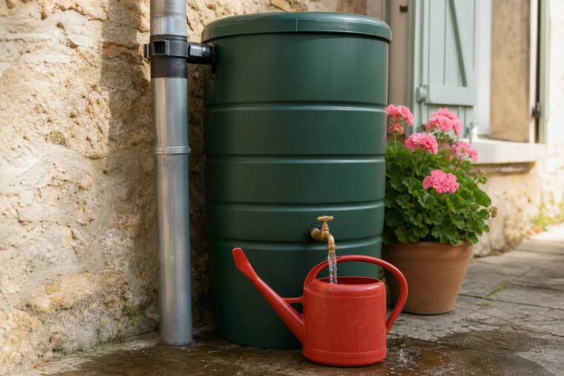 Cuve verte de récupération d'eau de pluie raccordée à la gouttière d'une maison française en pierre