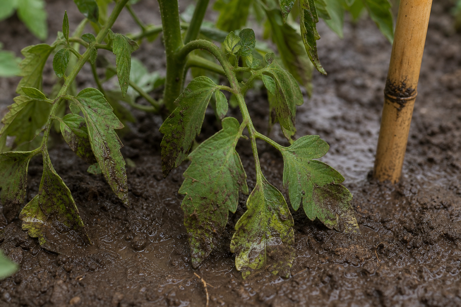 Feuilles basses d'un pied de tomate éclaboussées de terre, signe précurseur du mildiou