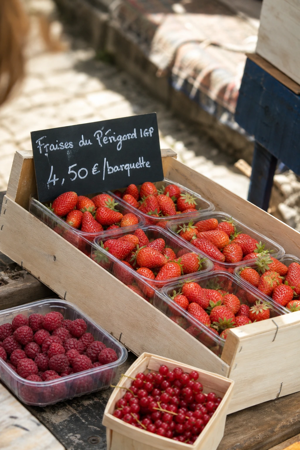 Étal de marché français avec barquettes de fraises Gariguette, framboises et groseilles de saison