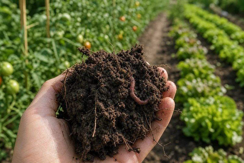 Test de la motte au potager : terre humide grumeleuse tenue dans la main pour vérifier qu'elle est prête à recevoir des plants