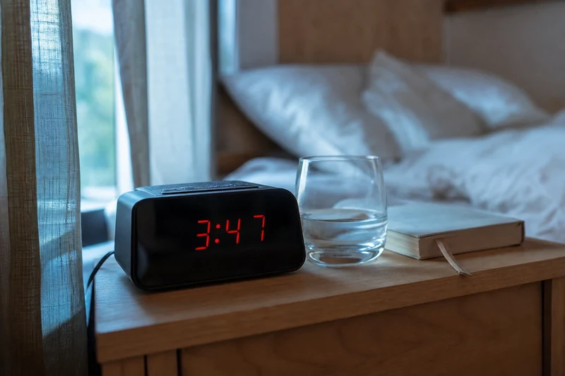 Réveil de chevet indiquant un réveil nocturne précoce vers quatre heures du matin