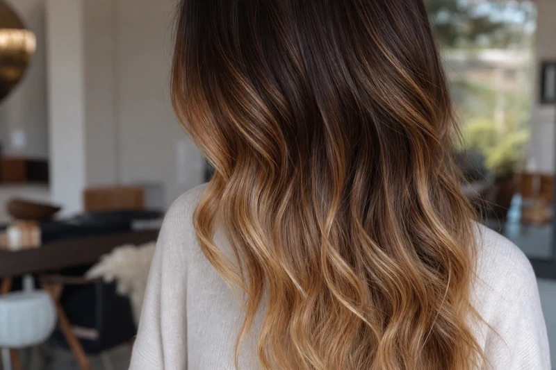 Détail du dégradé toffee chocolat sur cheveux bruns ondulés : brun, caramel et miel