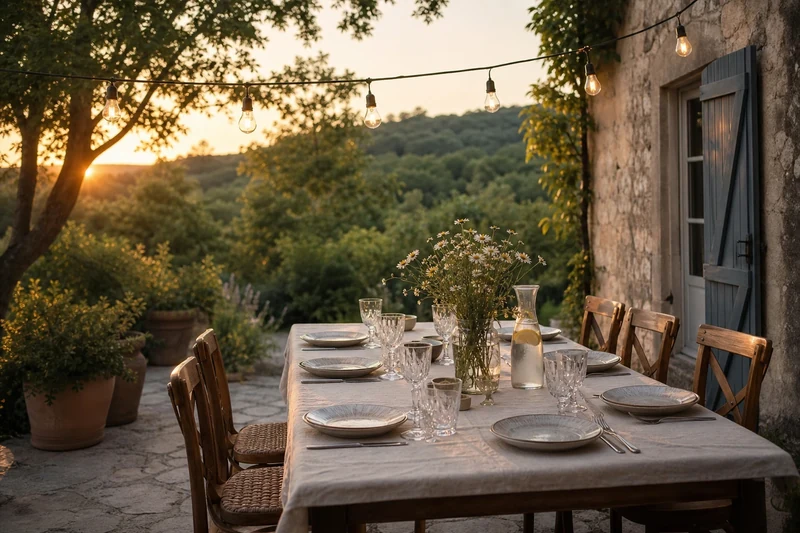 Terrasse dressée pour la soirée du 21 juin avec guirlande guinguette et table en bois