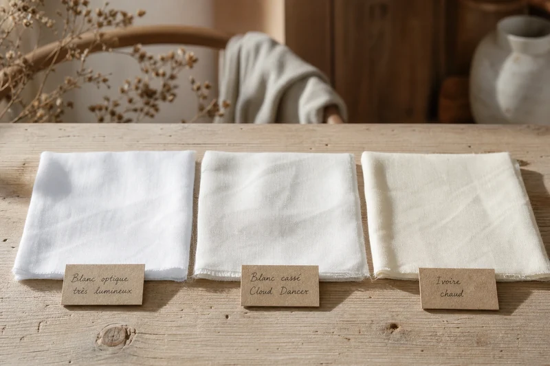 Comparaison de trois nuances de blanc : blanc optique, Cloud Dancer et ivoire sur fond bois clair