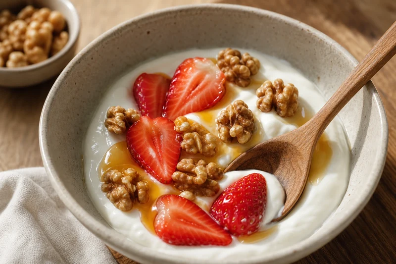 Bol de yaourt nature avec fraises gariguette, noix et miel pour nourrir le microbiote