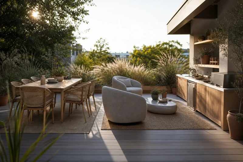 Terrasse divisée en trois zones : coin repas, coin détente et cuisine extérieure compacte