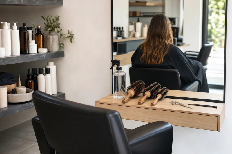 Poste de travail dans un salon de coiffure français préparé pour une coupe Japanese Bob