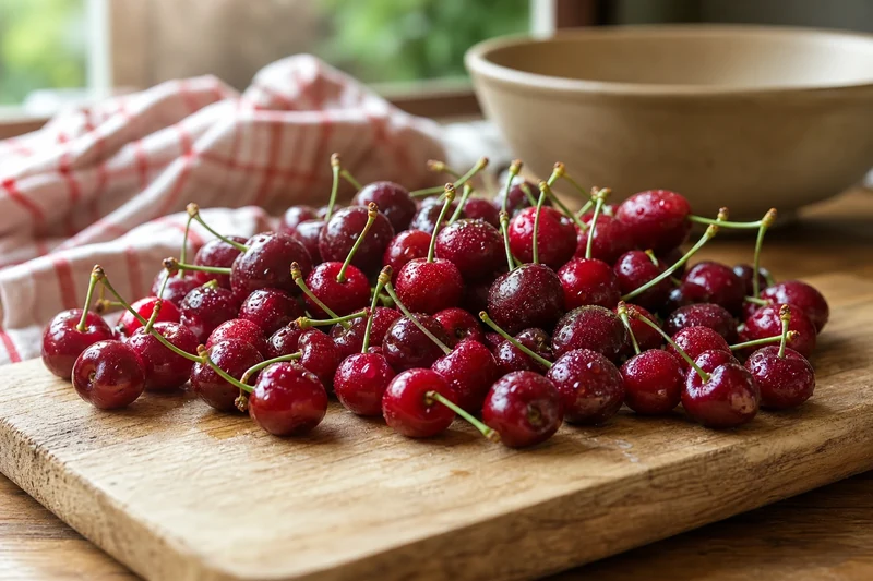 Cerises Burlat fraîches de saison française sur planche en bois