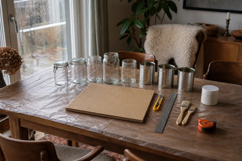 Inventaire des matériaux et outils de récup' étalés sur une table avant de commencer un projet DIY