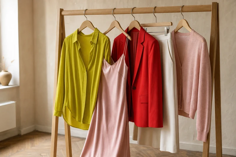 Portant avec cinq pièces aux couleurs Pantone printemps-été 2026 alignées par teinte